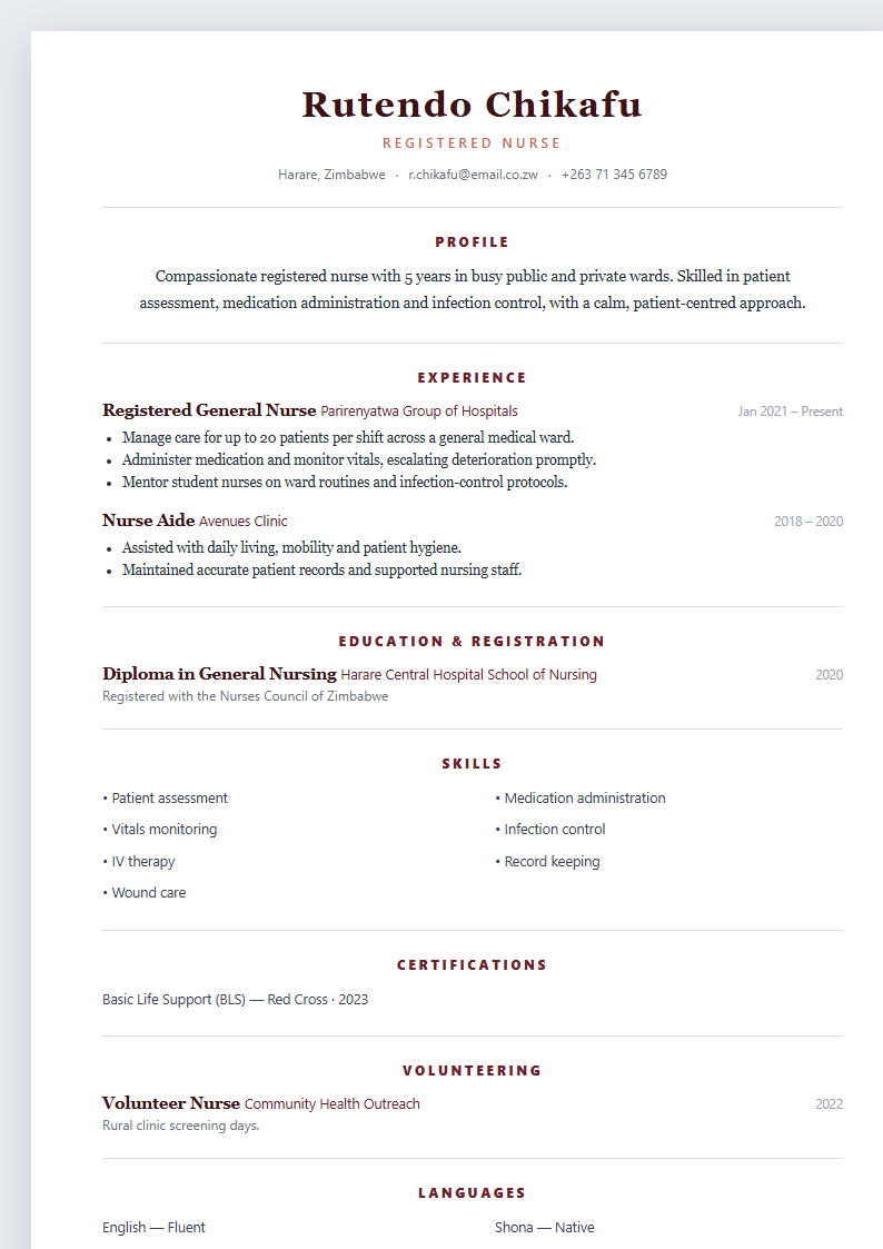 Elegant nurse CV template preview