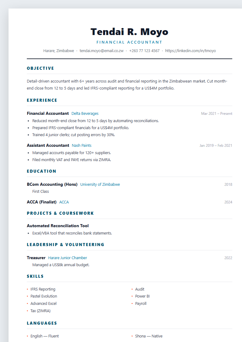 Minimal internship CV template preview
